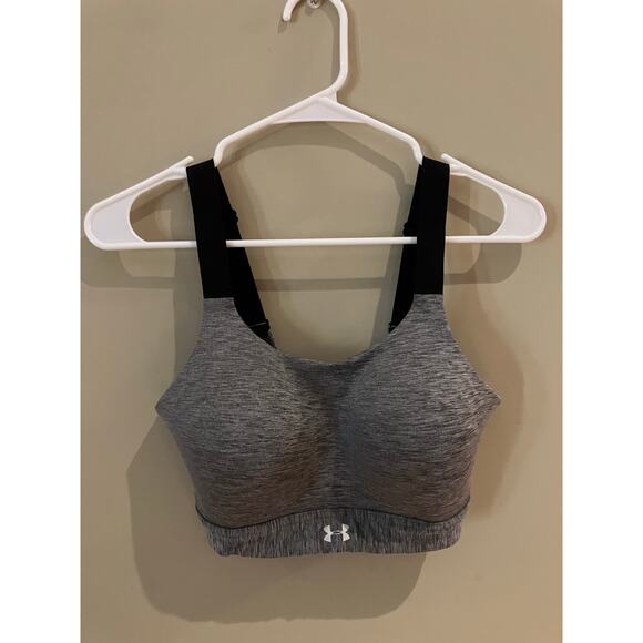 Under Armour Gray Black Padded Hook Back Zip Sports Bra Size 32DD Non-Wire - Picture 1 of 6